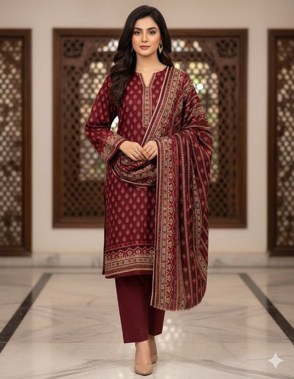 3Pc Dhanak Jacquard Unstitched Suit - 0089
