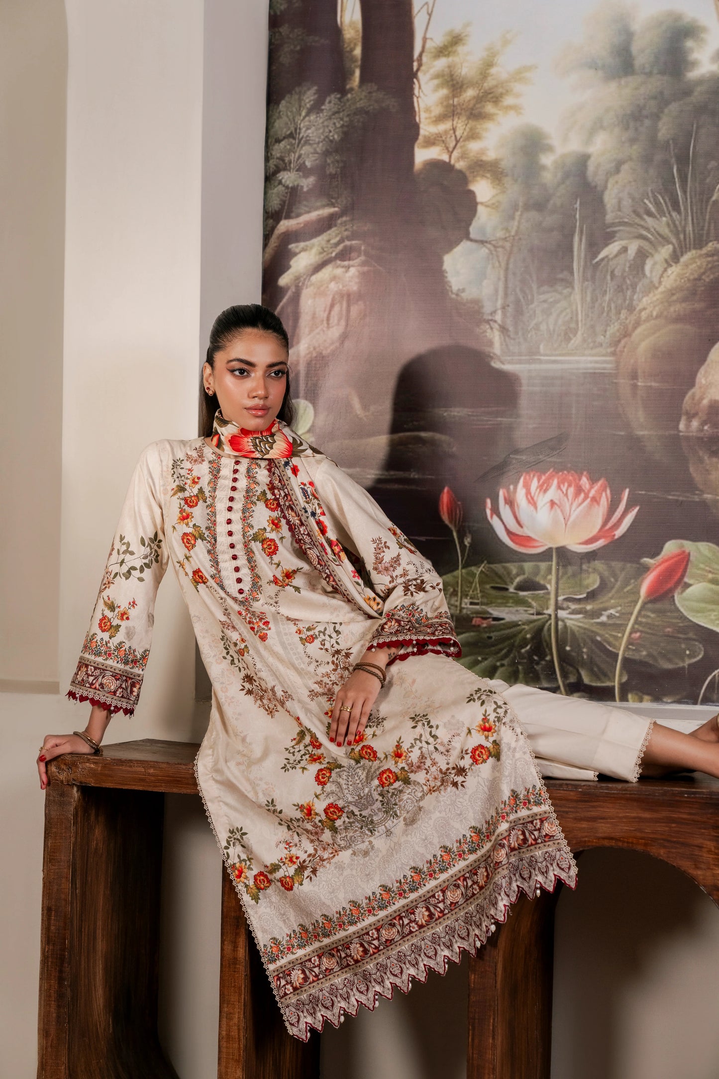 3Pc Firdous Cambric Printed Suit - D739