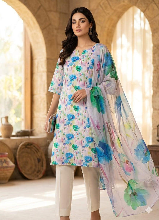 90x88 3Pc Premium Lawn Suit Vol-0020