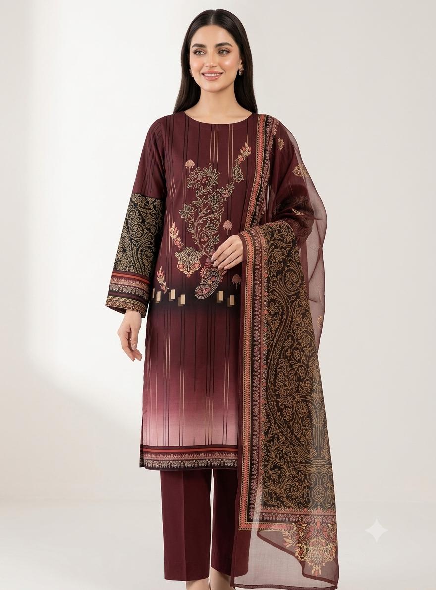 3Pc Lawn Digital Printed Unstitched Suit 374