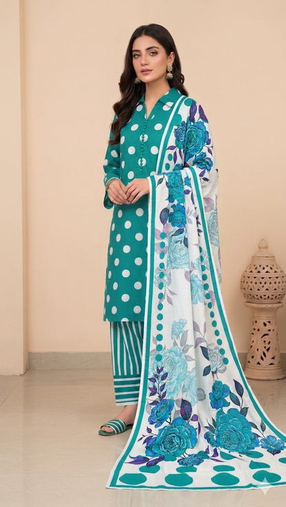 3Pc Printed Dress Polka Dots Firozi - 6208