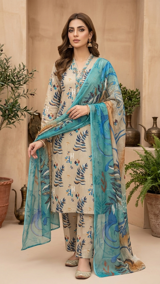 3Pc Lawn with Bamber Chiffon Dupatta Suit - 307