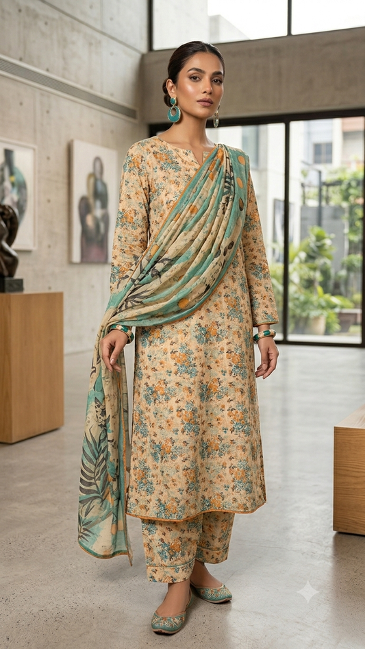 3Pc Lawn with Bamber Chiffon Dupatta Suit - 307