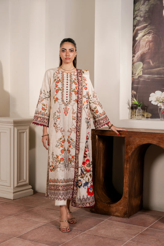 3Pc Firdous Cambric Printed Suit - D739