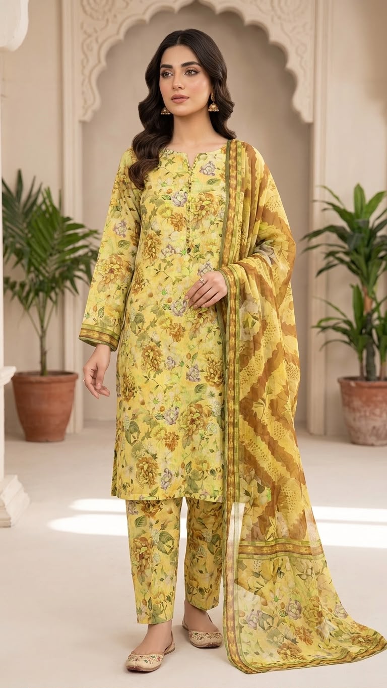 3Pc Lawn with Bamber Chiffon Dupatta Suit - 307