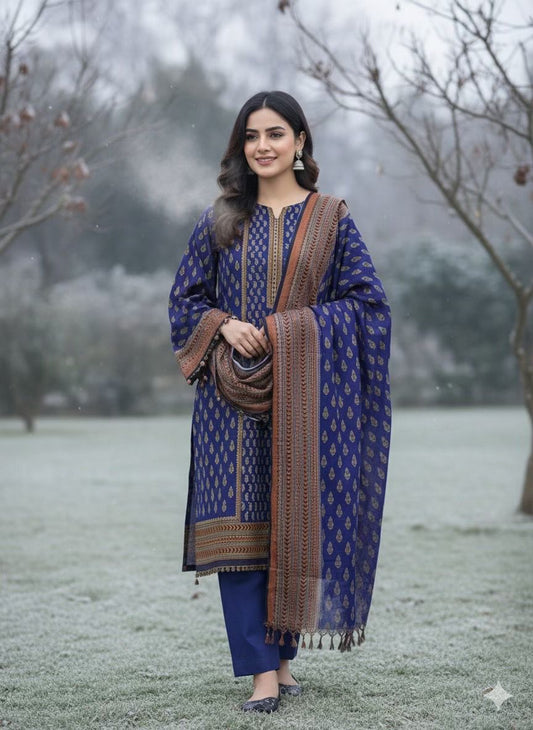 3Pc Dhanak Jacquard Unstitched Suit - 0089