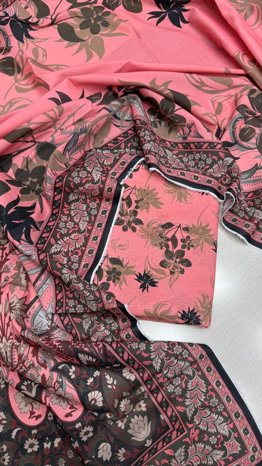 3Pc Lawn Bana Dora Unstitched Suit D #580