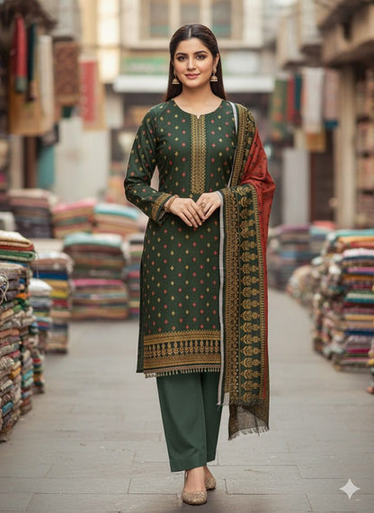 3Pc Dhanak Jacquard Unstitched Suit - 0089