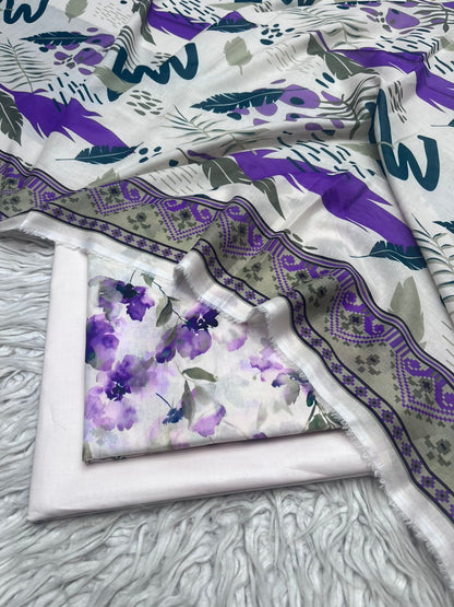 3Pc Printed Lawn Plain Trouser  Vol-04