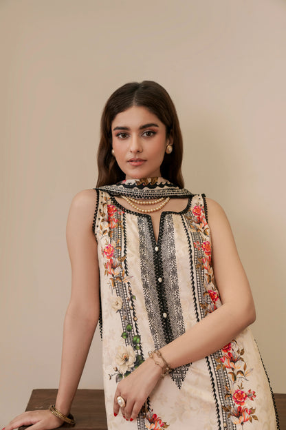 3Pc Firdous Cambric Printed Suit - D745