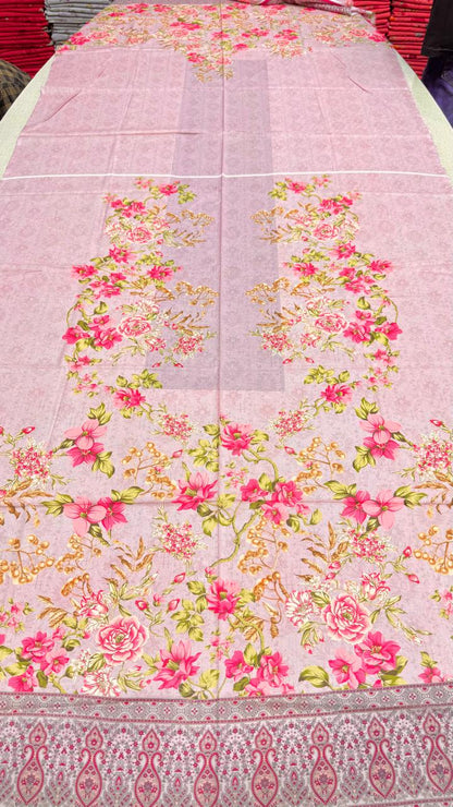 Floral patterned fabric with pink flowers on a checkered background