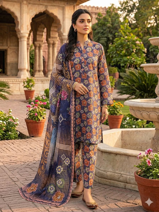 3Pc Luxury Nino Lawn with Chiffon Dupatta 306