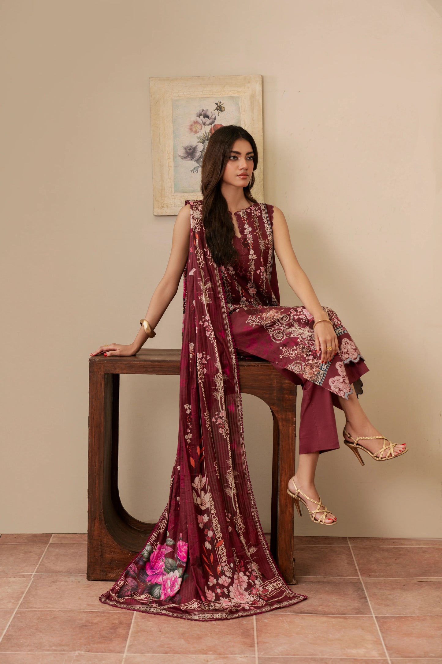 3Pc Firdous Cambric Printed Suit - D750