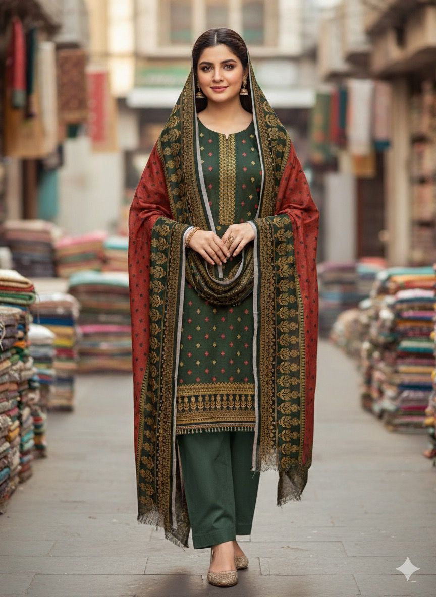 3Pc Dhanak Jacquard Unstitched Suit - 0089