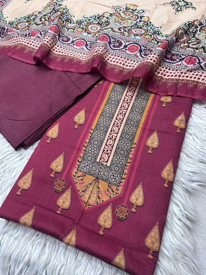 3Pc Printed Lawn Dyed Trouser Unstitched Suit Vol-0061