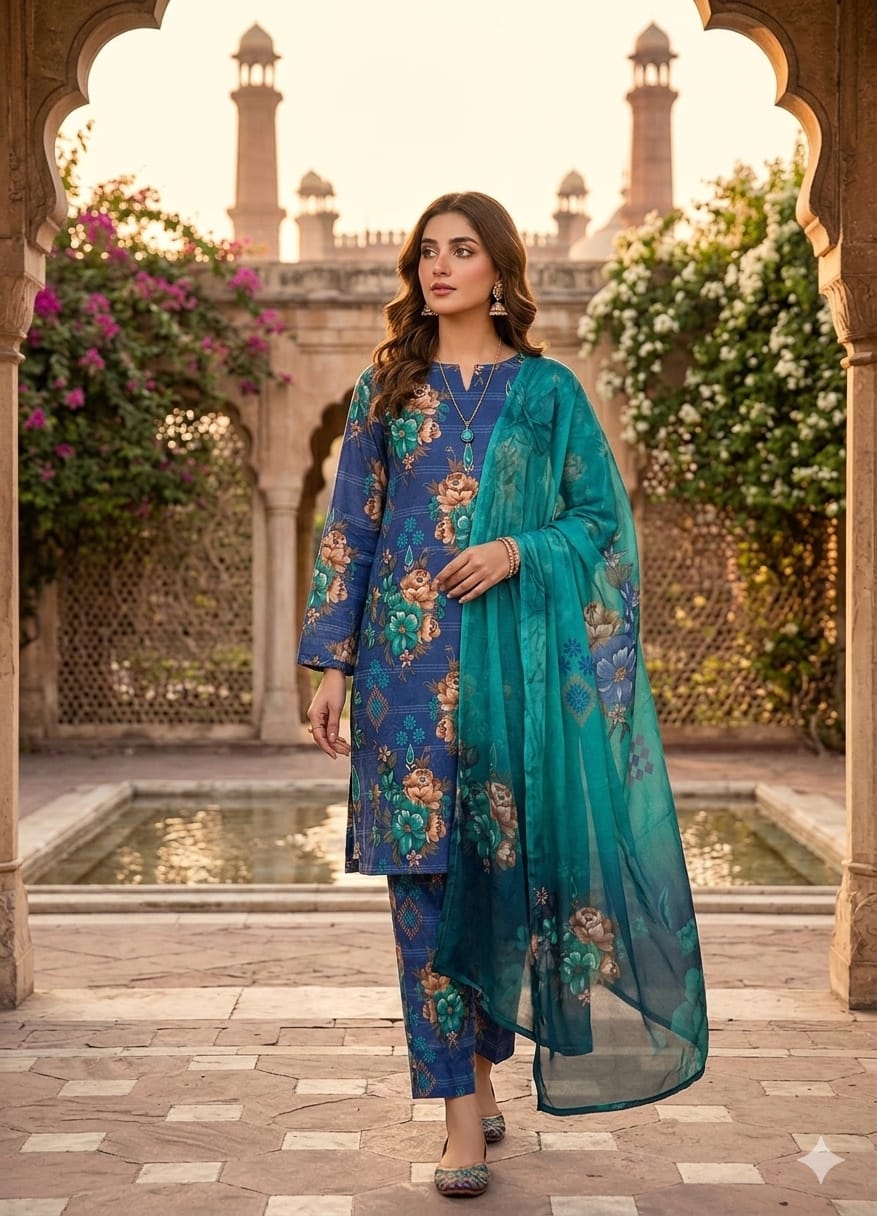 3Pc Lawn with Bamber Chiffon Dupatta Suit - 307