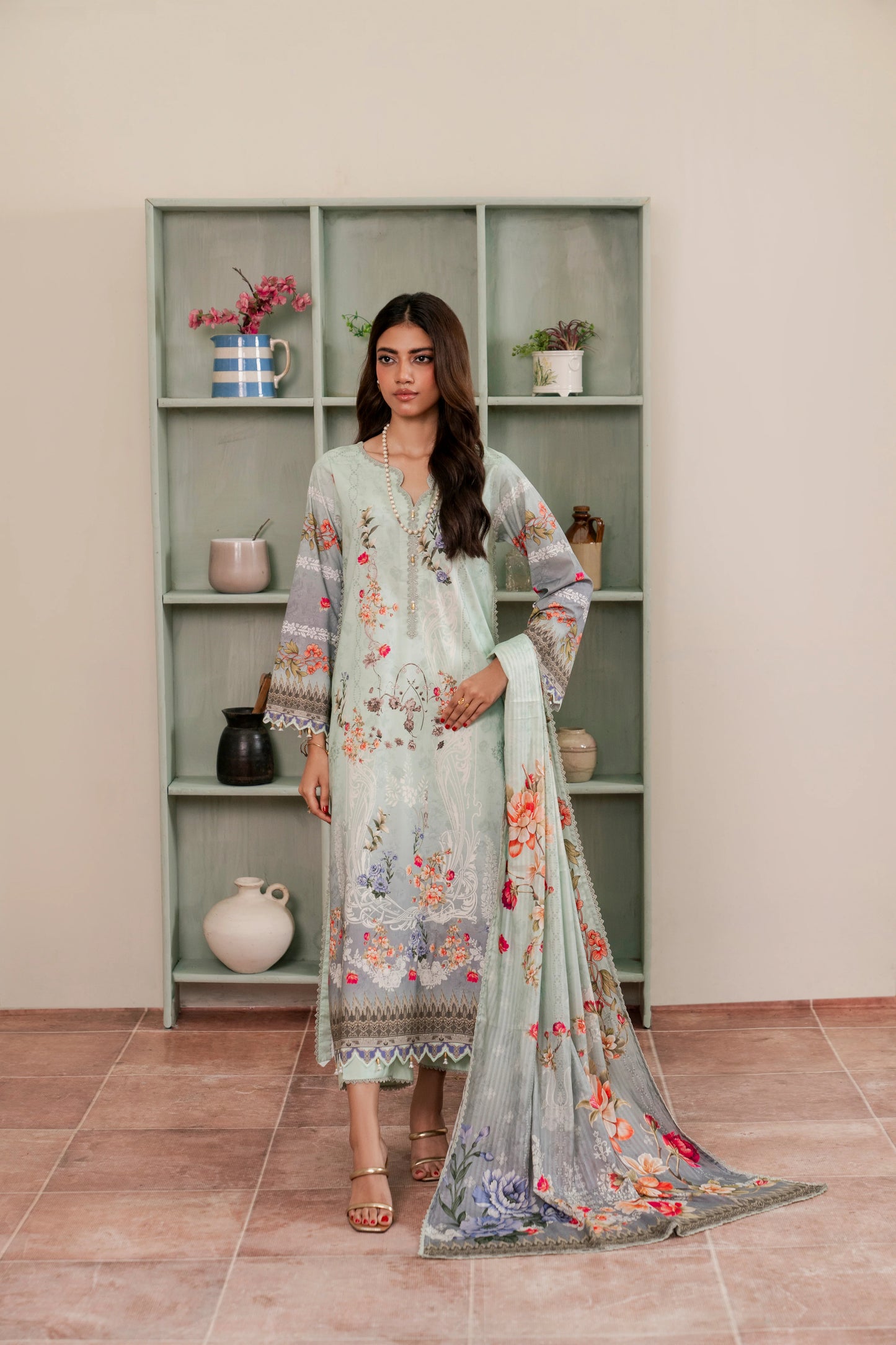 3Pc Firdous Cambric Printed Suit - D748