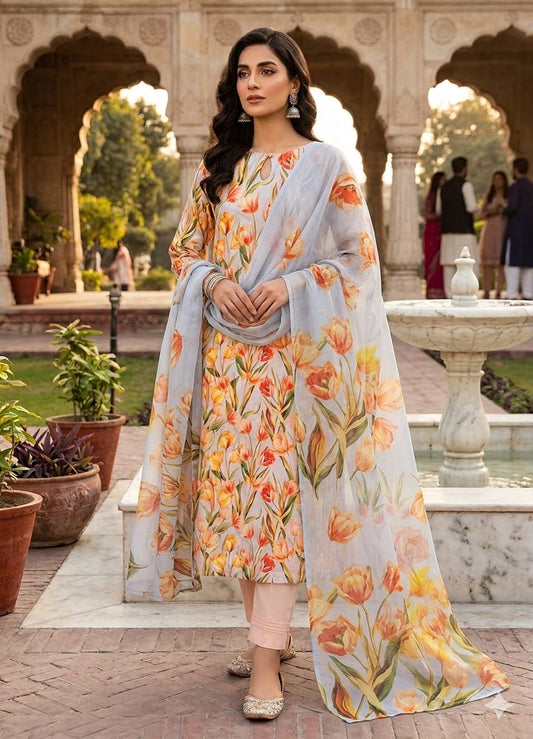 90x88 3Pc Premium Lawn Suit Vol-0020