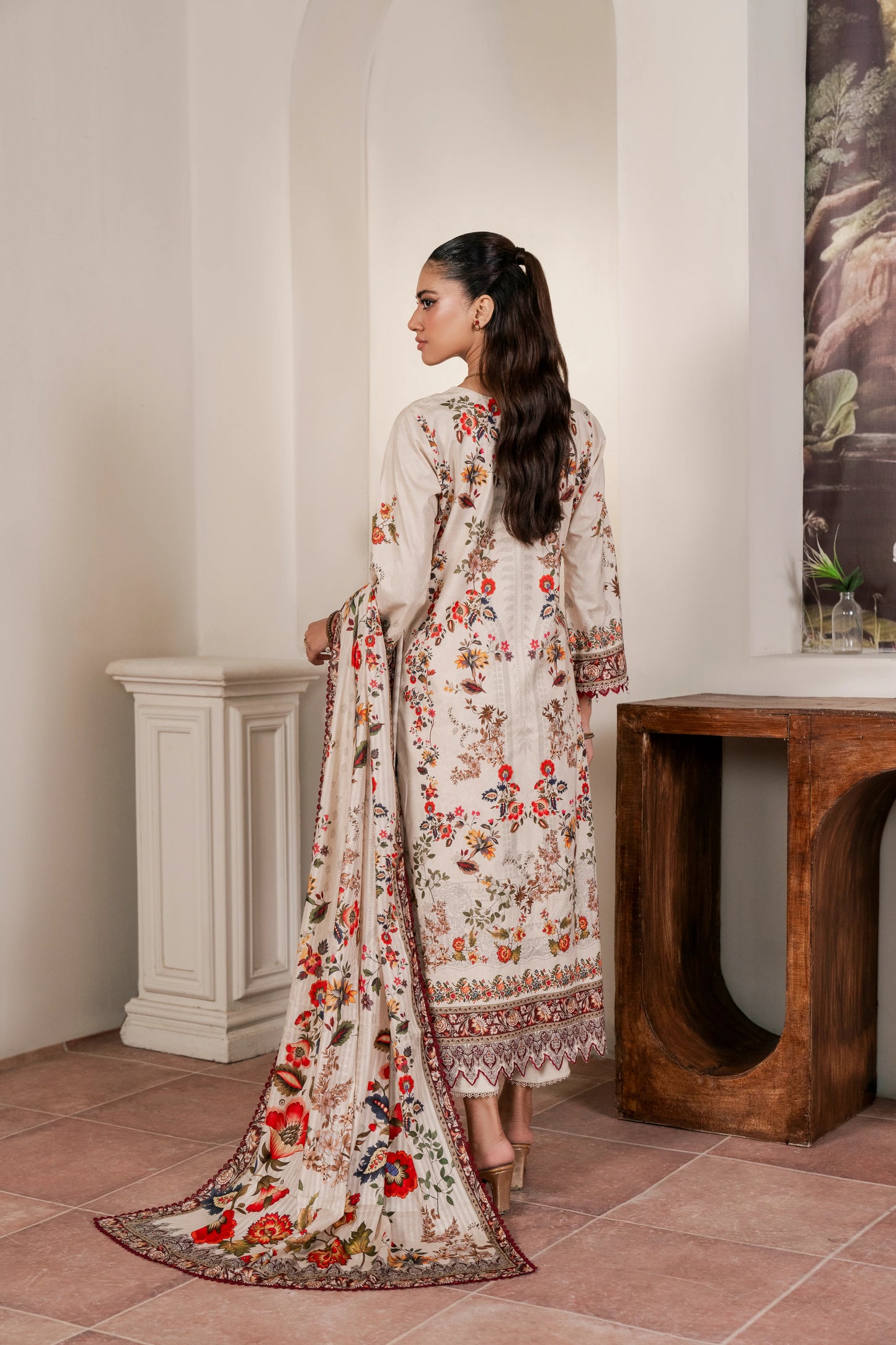 3Pc Firdous Cambric Printed Suit - D739