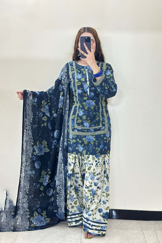 3Pc Supima Lawn Suit  Vol - 694