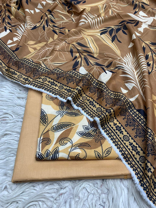 3Pc Printed Lawn Plain Trouser  Vol-03