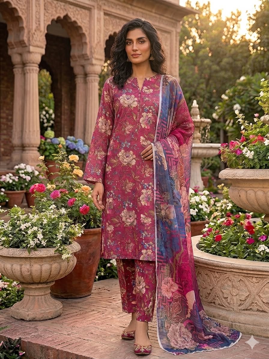 3Pc Lawn with Bamber Chiffon Dupatta Suit - 307